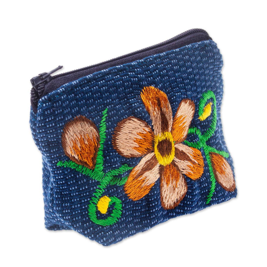 Blue and Ginger Floral Embroidered 100% Cotton Coin Purse - Bloom of Autumn