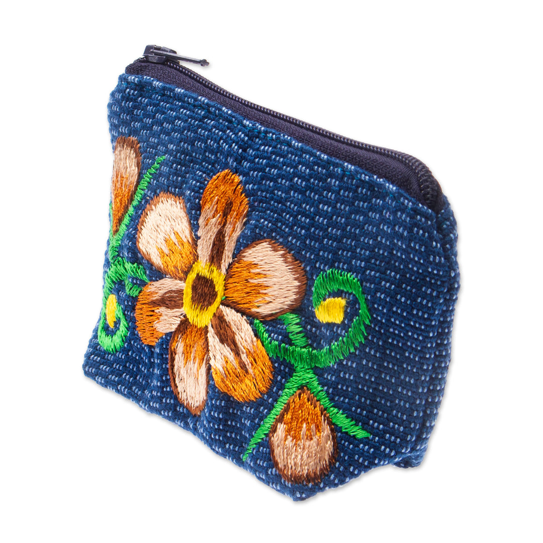 Blue and Ginger Floral Embroidered 100% Cotton Coin Purse - Bloom of Autumn
