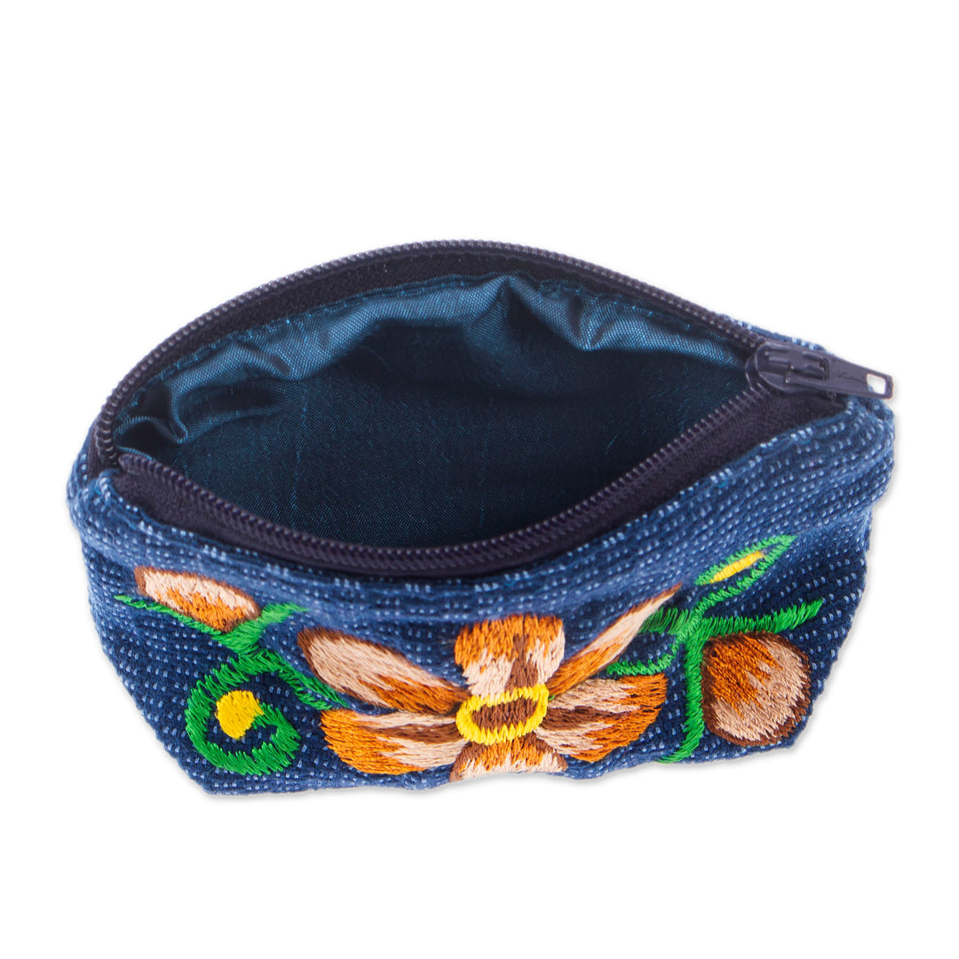 Blue and Ginger Floral Embroidered 100% Cotton Coin Purse - Bloom of Autumn