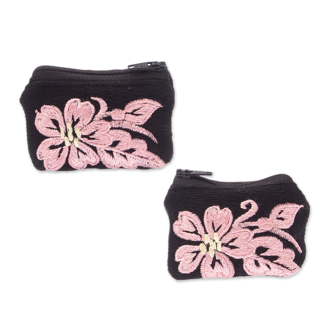 Embroidered Blush Cotton Coin Purse Pair with Floral Theme - Blush & Black Spring