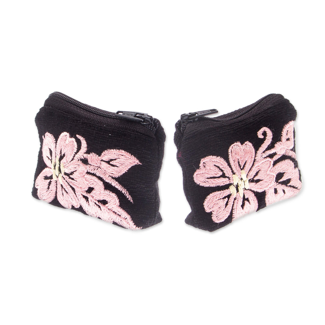 Embroidered Blush Cotton Coin Purse Pair with Floral Theme - Blush & Black Spring