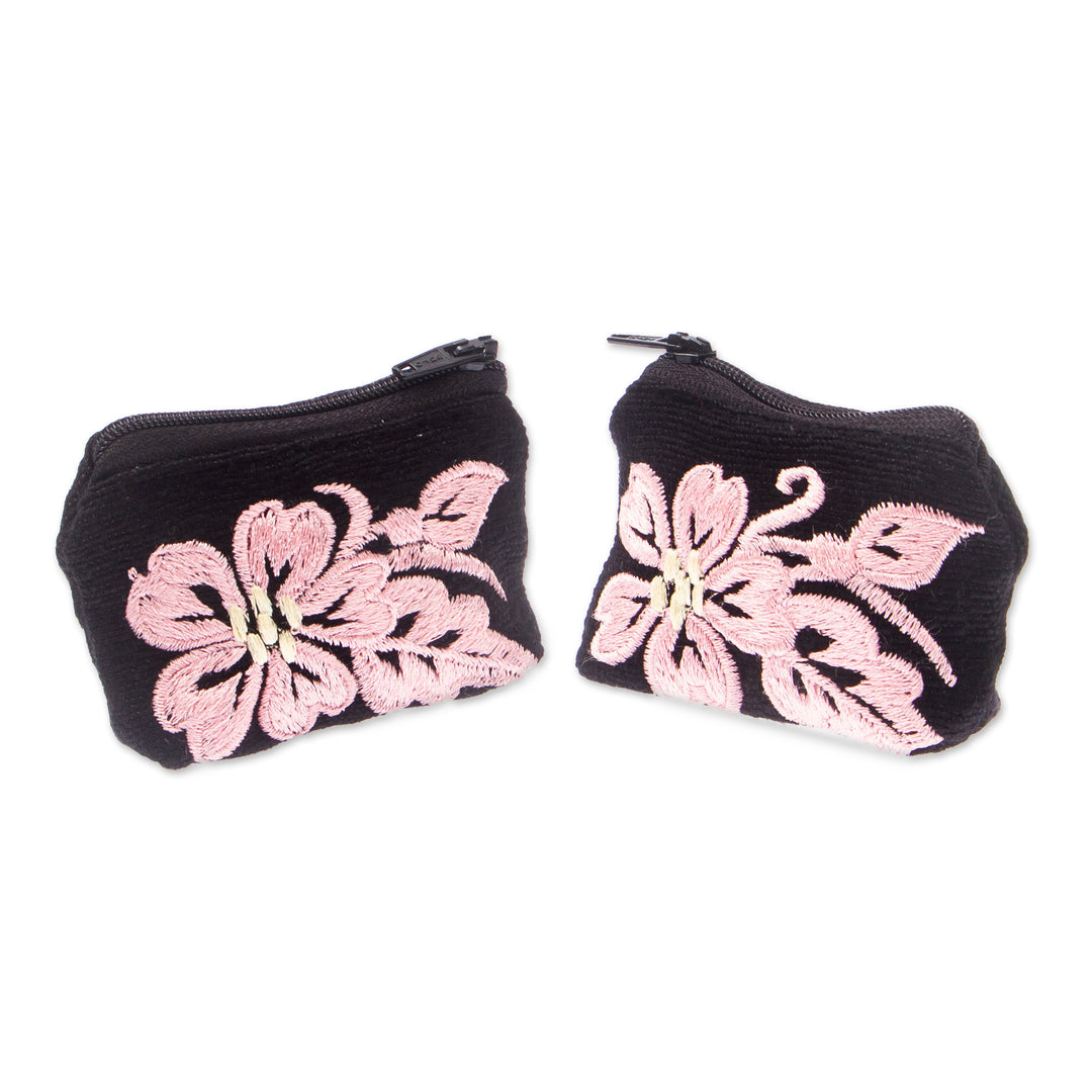 Embroidered Blush Cotton Coin Purse Pair with Floral Theme - Blush & Black Spring