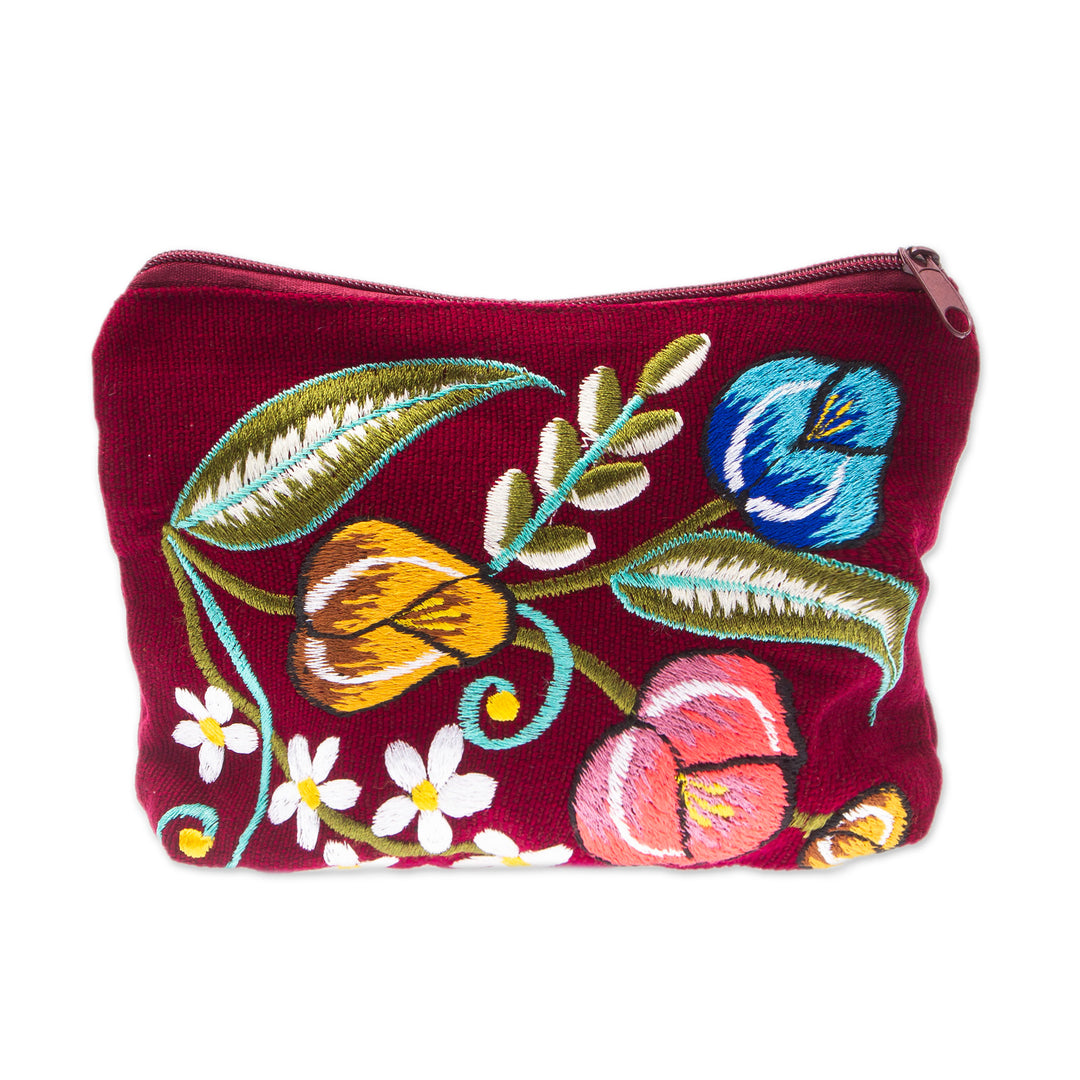 Spring-Themed Embroidered Burgundy 100% Cotton Cosmetic Bag - Spring Makeup