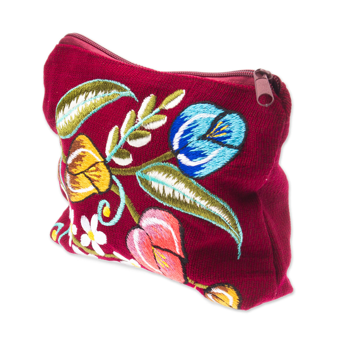 Spring-Themed Embroidered Burgundy 100% Cotton Cosmetic Bag - Spring Makeup