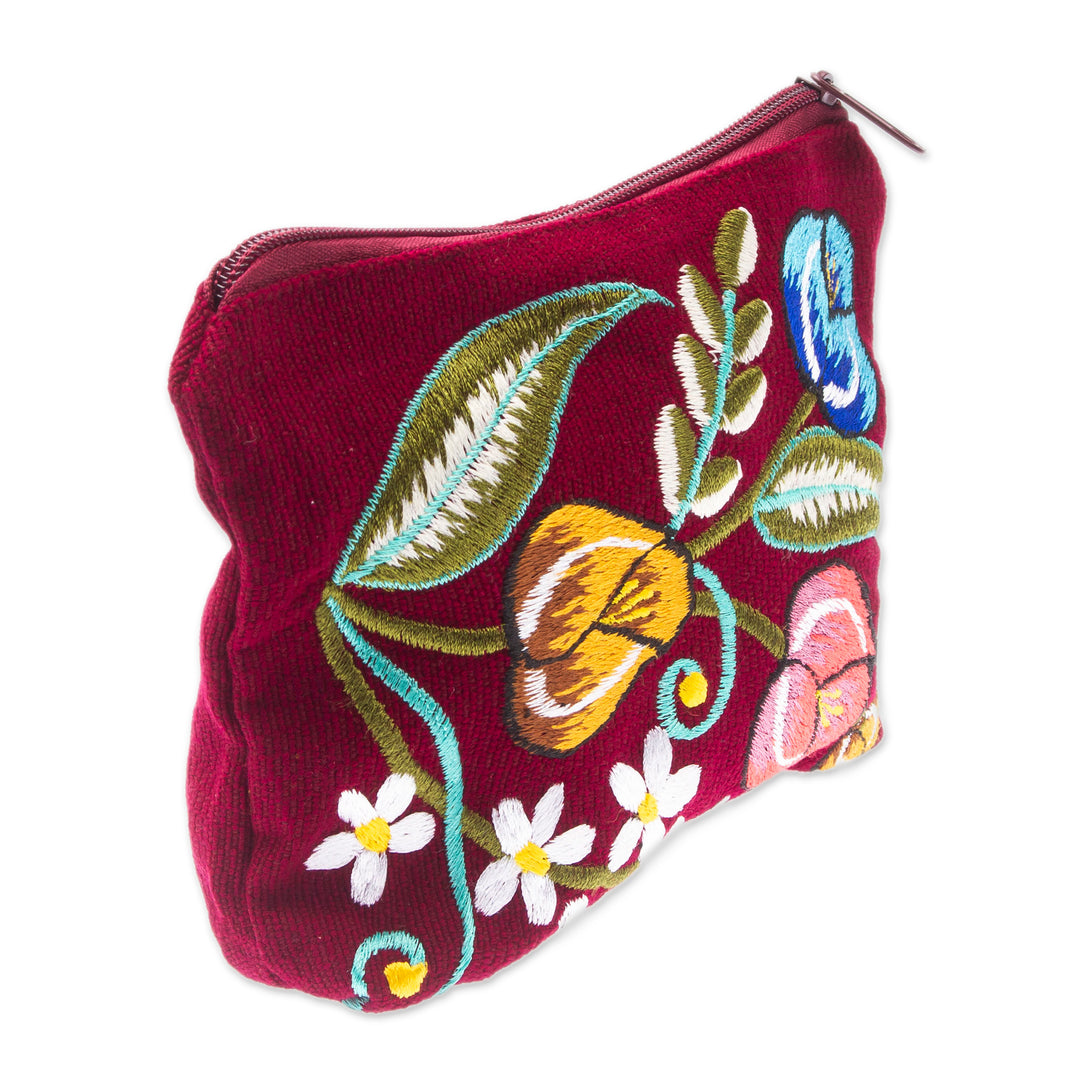 Spring-Themed Embroidered Burgundy 100% Cotton Cosmetic Bag - Spring Makeup