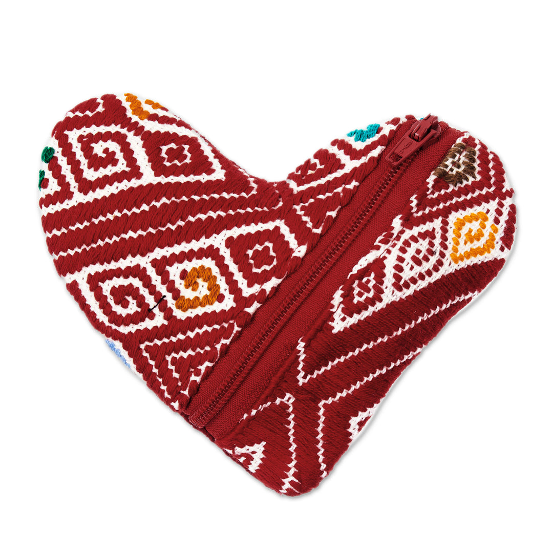 Heart-Shaped Red Zippered 100% Cotton Coin Purse from Mexico - Romance of Frugality