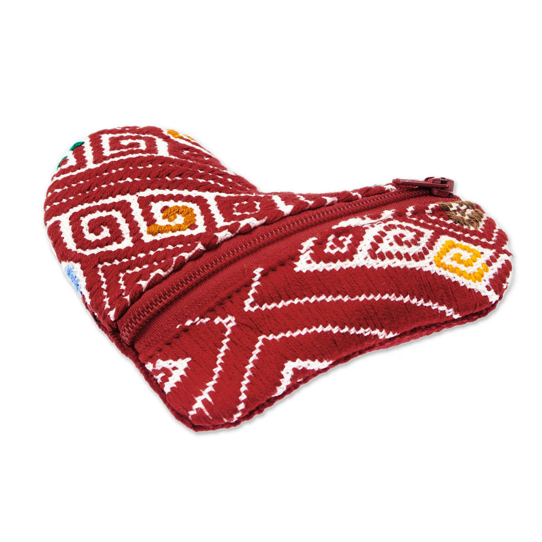 Heart-Shaped Red Zippered 100% Cotton Coin Purse from Mexico - Romance of Frugality