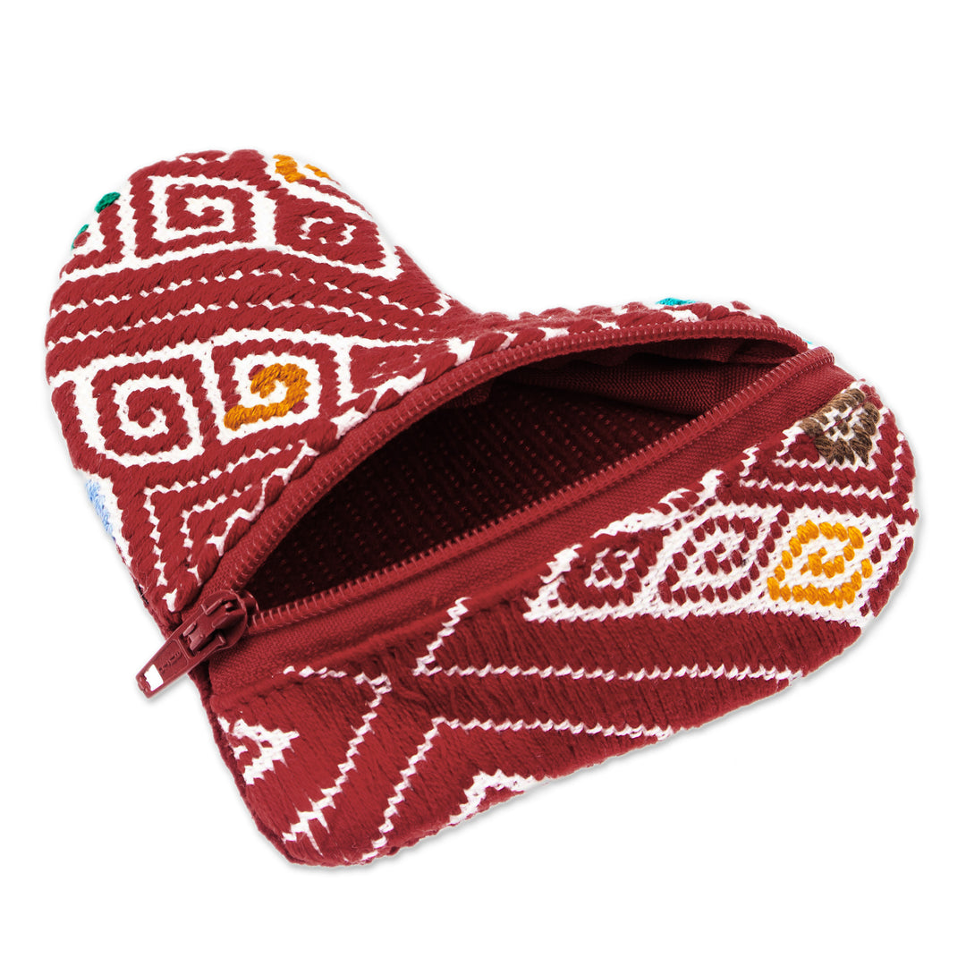 Heart-Shaped Red Zippered 100% Cotton Coin Purse from Mexico - Romance of Frugality