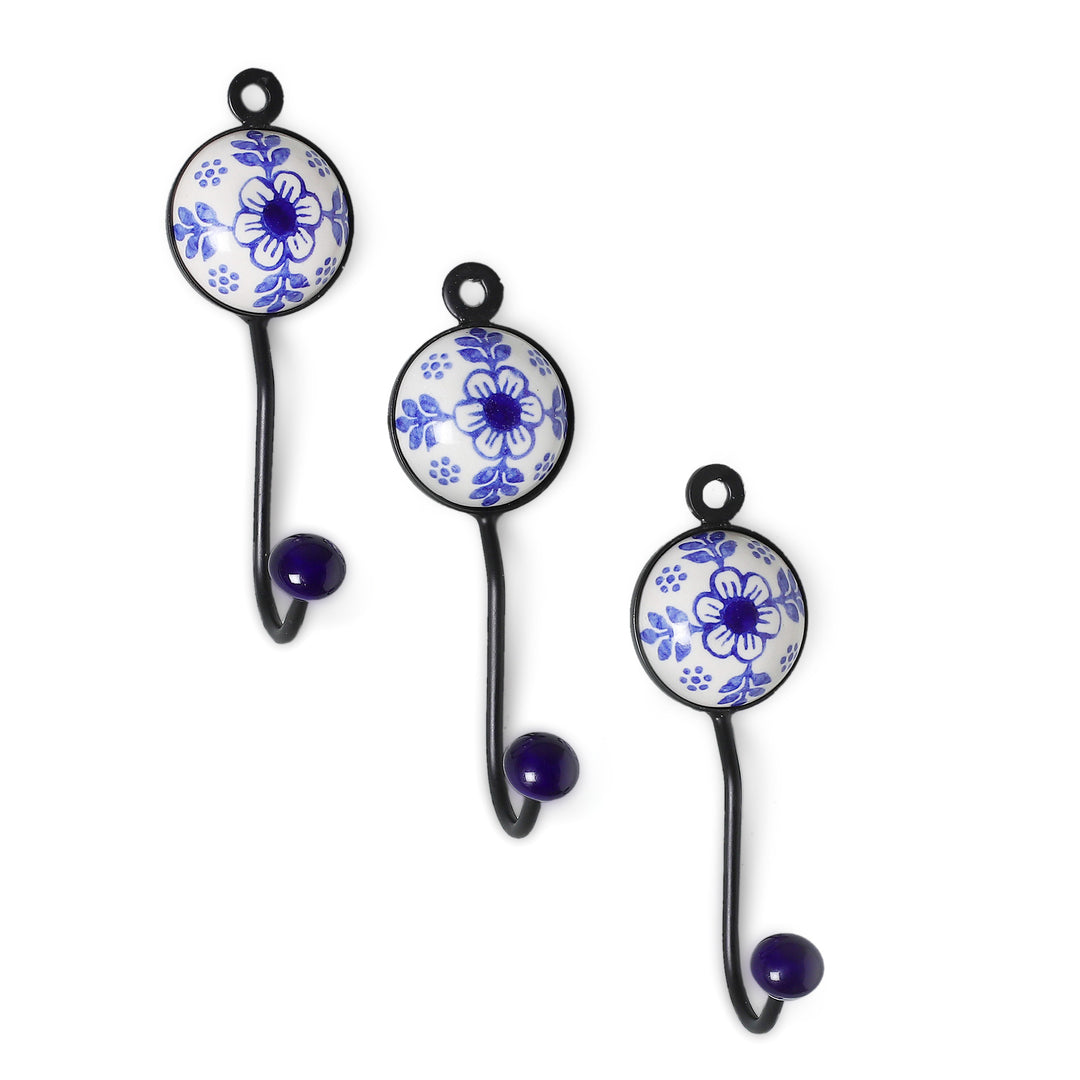 Spring-Themed Blue Ceramic and Brass 3-Piece Coat Hook Set - Primaveral House