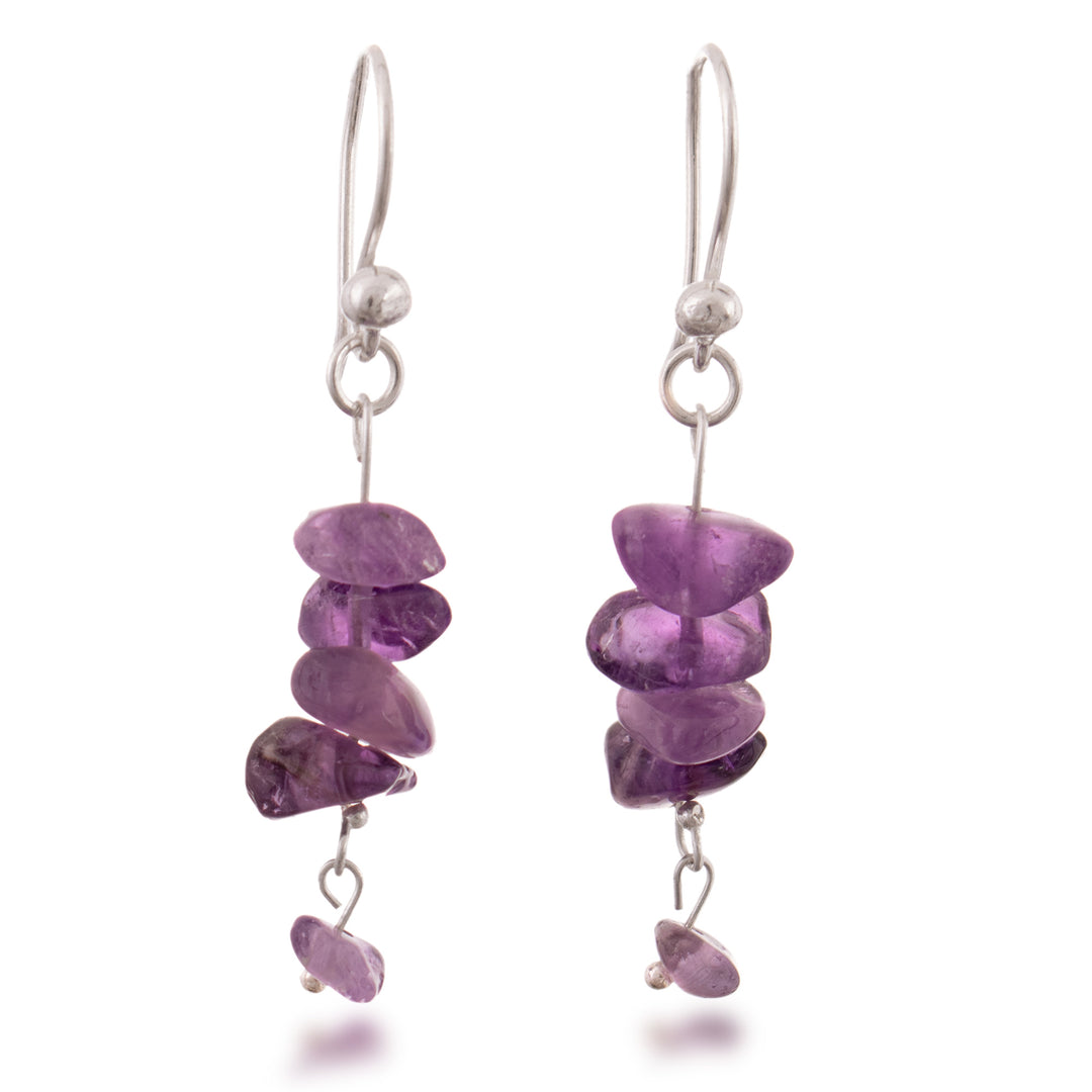 Sterling Silver Dangle Earrings with Natural Amethyst Stones - Enchanting Glints