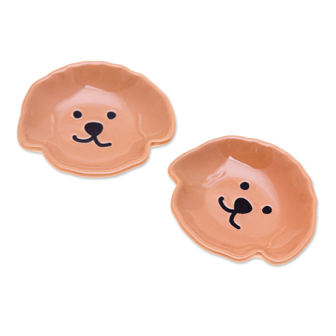 Poodle Puppy-Themed Glazed Ceramic Catchall Pair in Brown - Poodle Tenderness