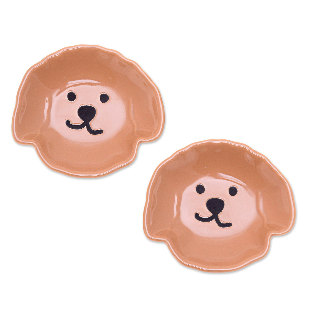 Poodle Puppy-Themed Glazed Ceramic Catchall Pair in Brown - Poodle Tenderness