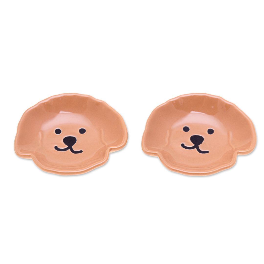 Poodle Puppy-Themed Glazed Ceramic Catchall Pair in Brown - Poodle Tenderness