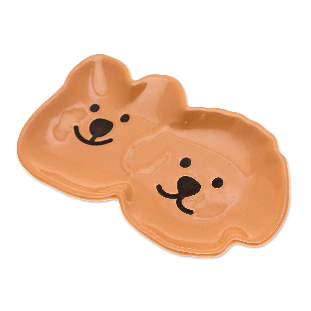 Whimsical Puppy-Themed Brown Black Glazed Ceramic Catchall - Adorable Puppies