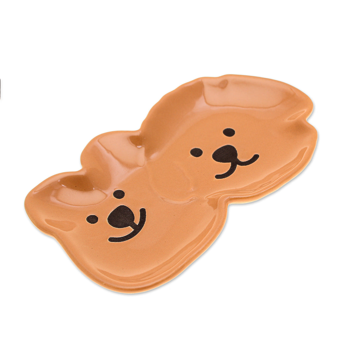 Whimsical Puppy-Themed Brown Black Glazed Ceramic Catchall - Adorable Puppies