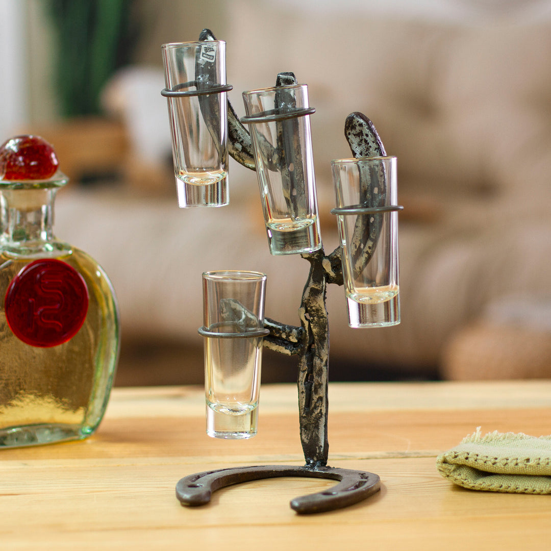 Cactus-Themed Recycled Iron Tequila Glass Stand 4-Piece Set - Cactus Fiesta