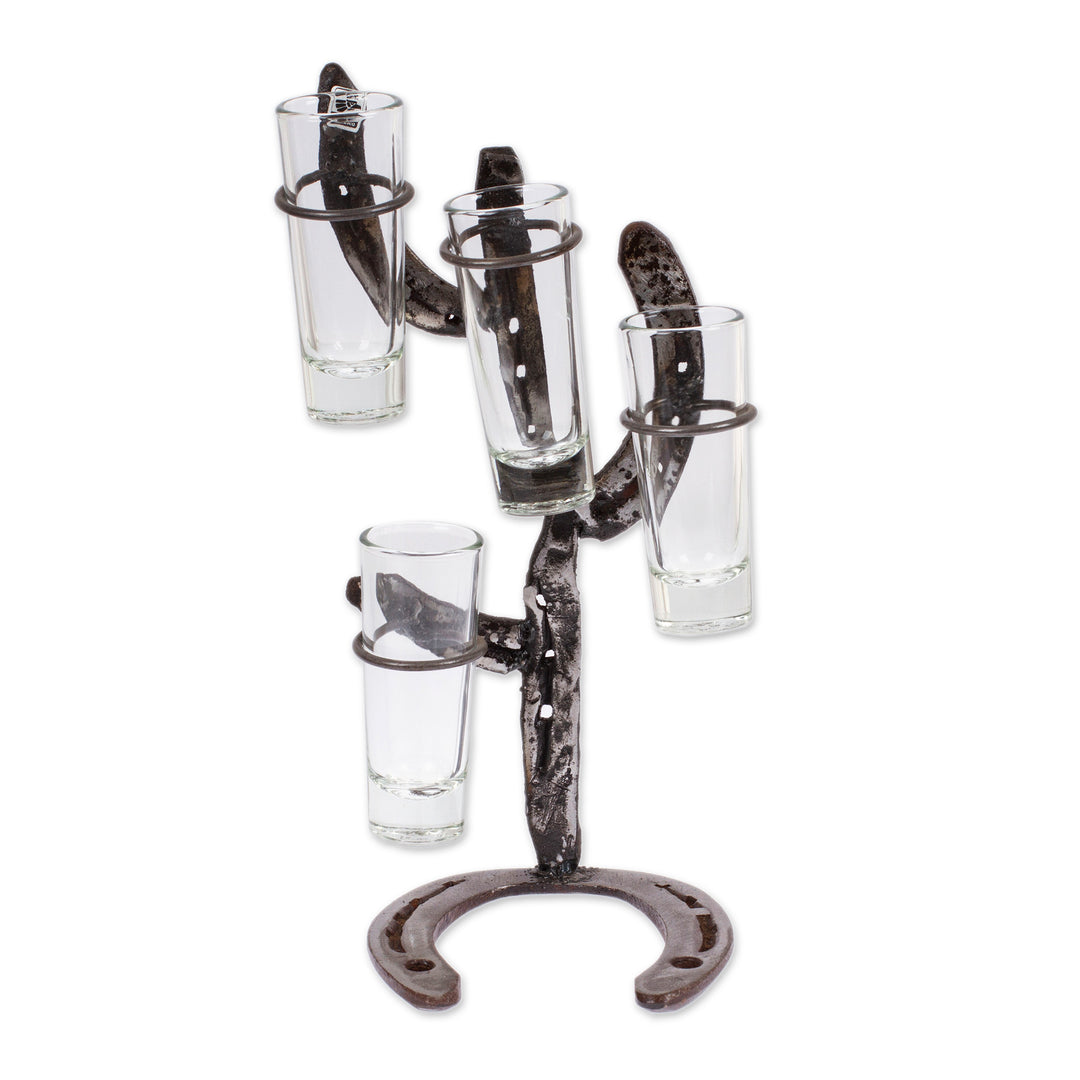 Cactus-Themed Recycled Iron Tequila Glass Stand 4-Piece Set - Cactus Fiesta