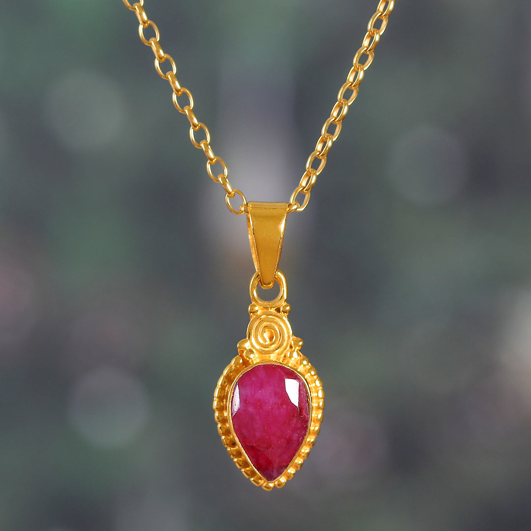 Gold-Plated Pendant Necklace with 3-Carat Drop-Shaped Ruby - Shiny Pink Rain