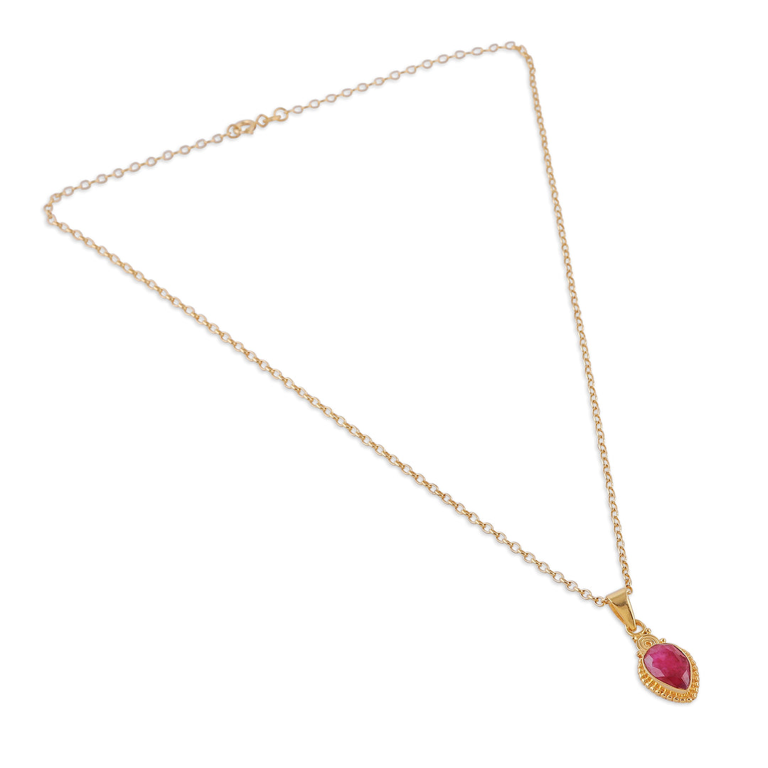 Gold-Plated Pendant Necklace with 3-Carat Drop-Shaped Ruby - Shiny Pink Rain