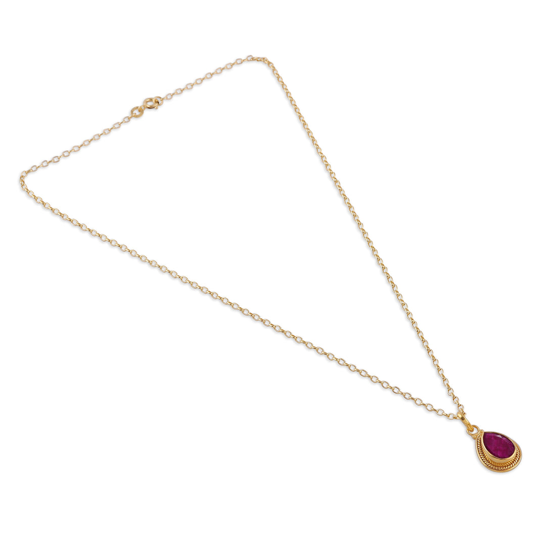 22k Gold-Plated Pendant Necklace with 3-Carat Ruby Gemstone - Halo Effect in Crimson
