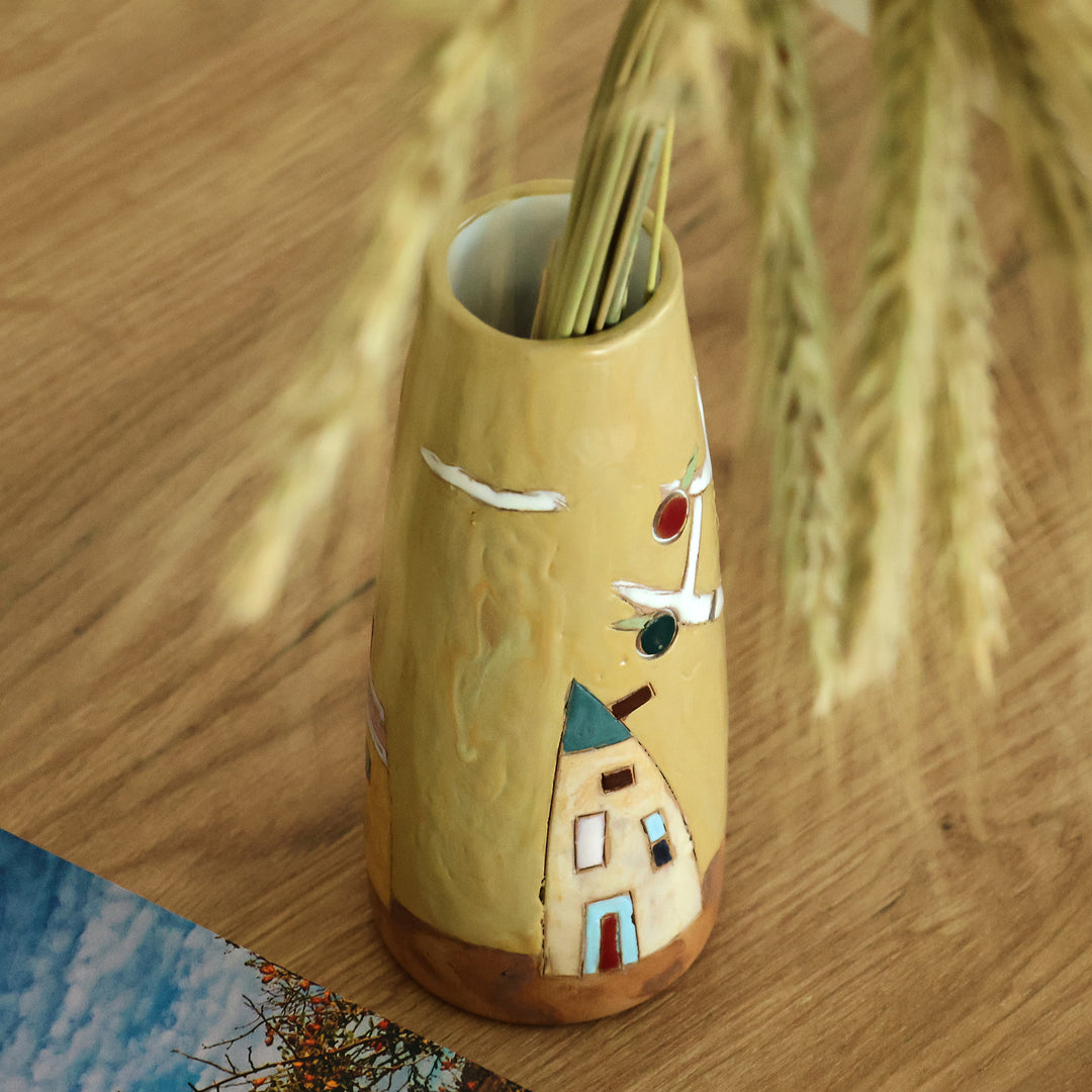Glazed Ceramic Vase with Pomegranate Tree Motif in Yellow - Pomegranate Tree in Honey