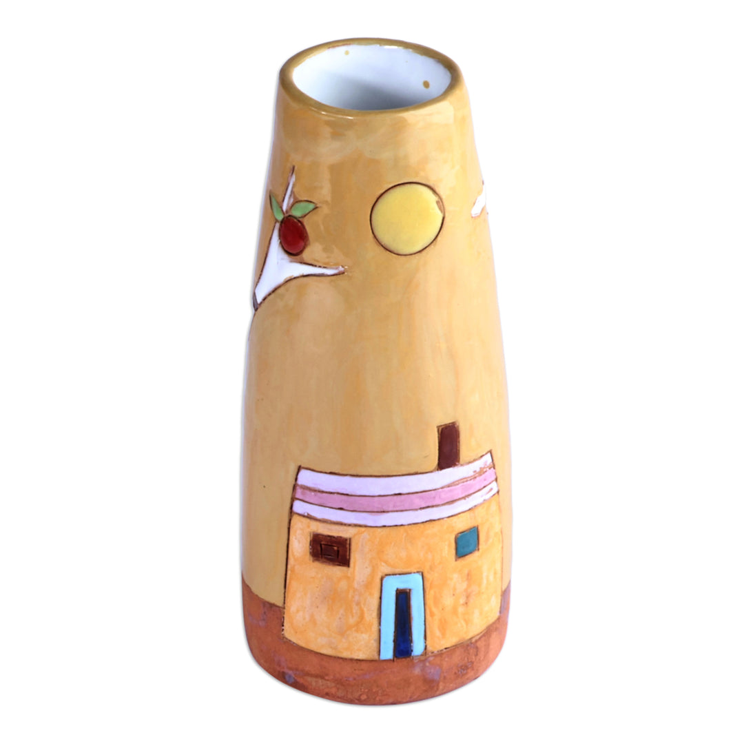Glazed Ceramic Vase with Pomegranate Tree Motif in Yellow - Pomegranate Tree in Honey