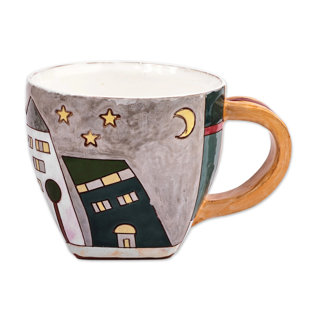 Cityscape-Themed Whimsical Green and Grey Ceramic Mug - Starry Urbanism