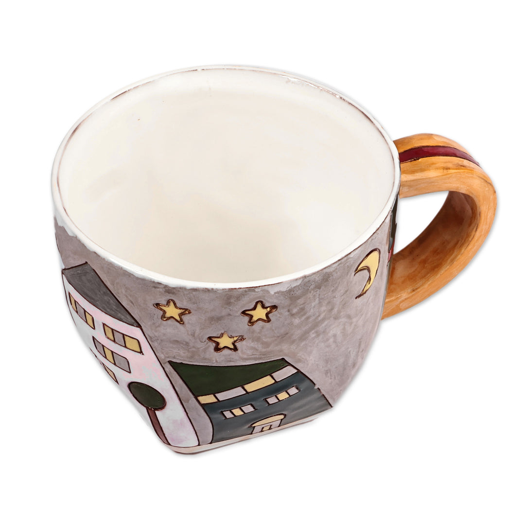 Cityscape-Themed Whimsical Green and Grey Ceramic Mug - Starry Urbanism