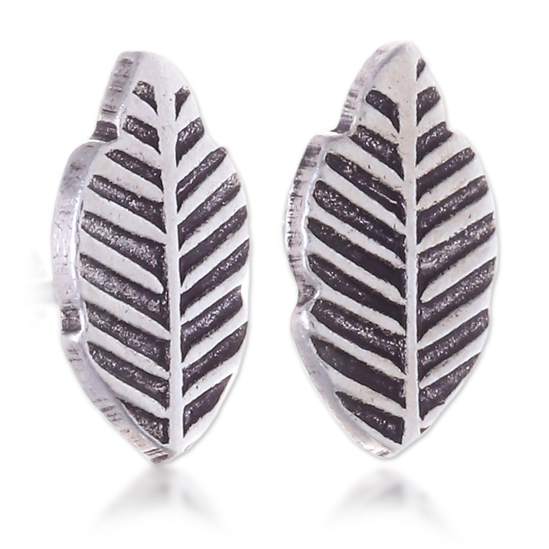 Leaf-Shaped Oxidized Polished Sterling Silver Stud Earrings - Classic Leaves