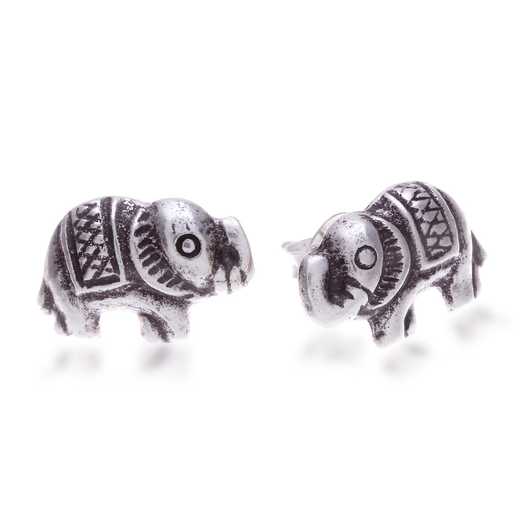 Sterling Silver Elephant Stud Earrings with Darkened Accents - Posh Elephant