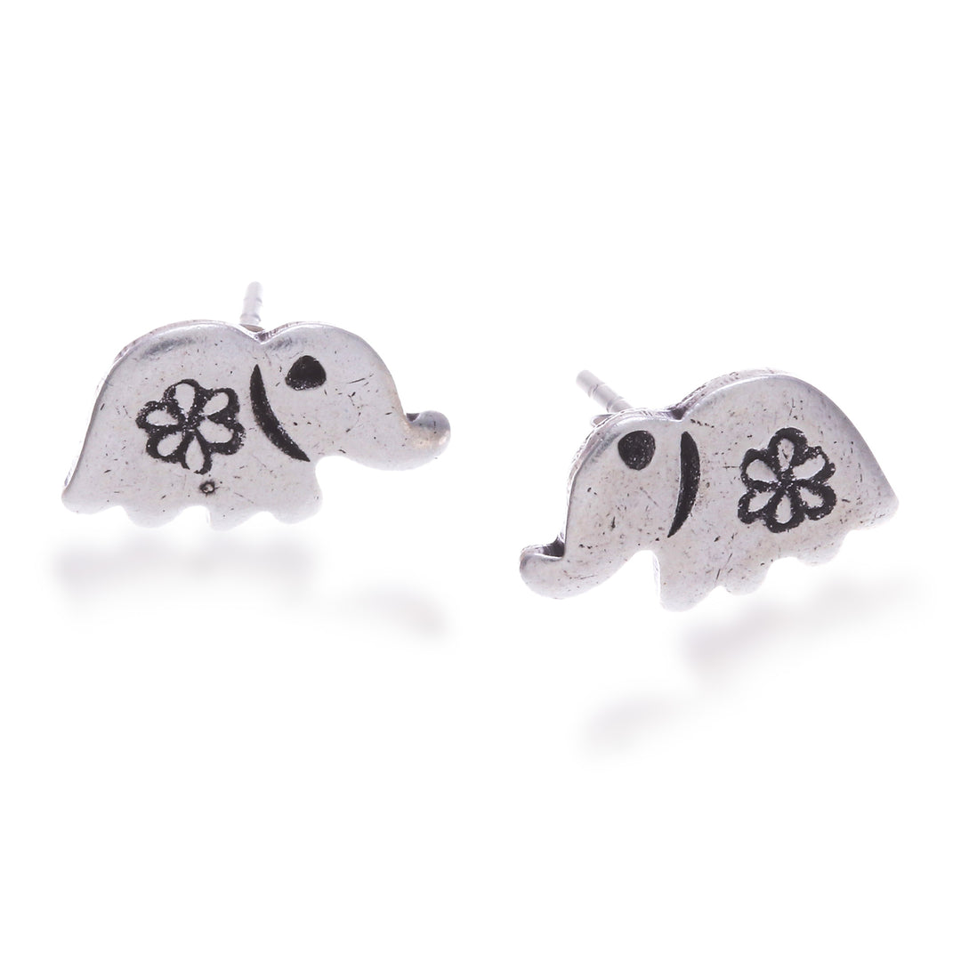Silver Elephant Stud Earrings with Hill Tribe Floral Motif - Cute Elephant