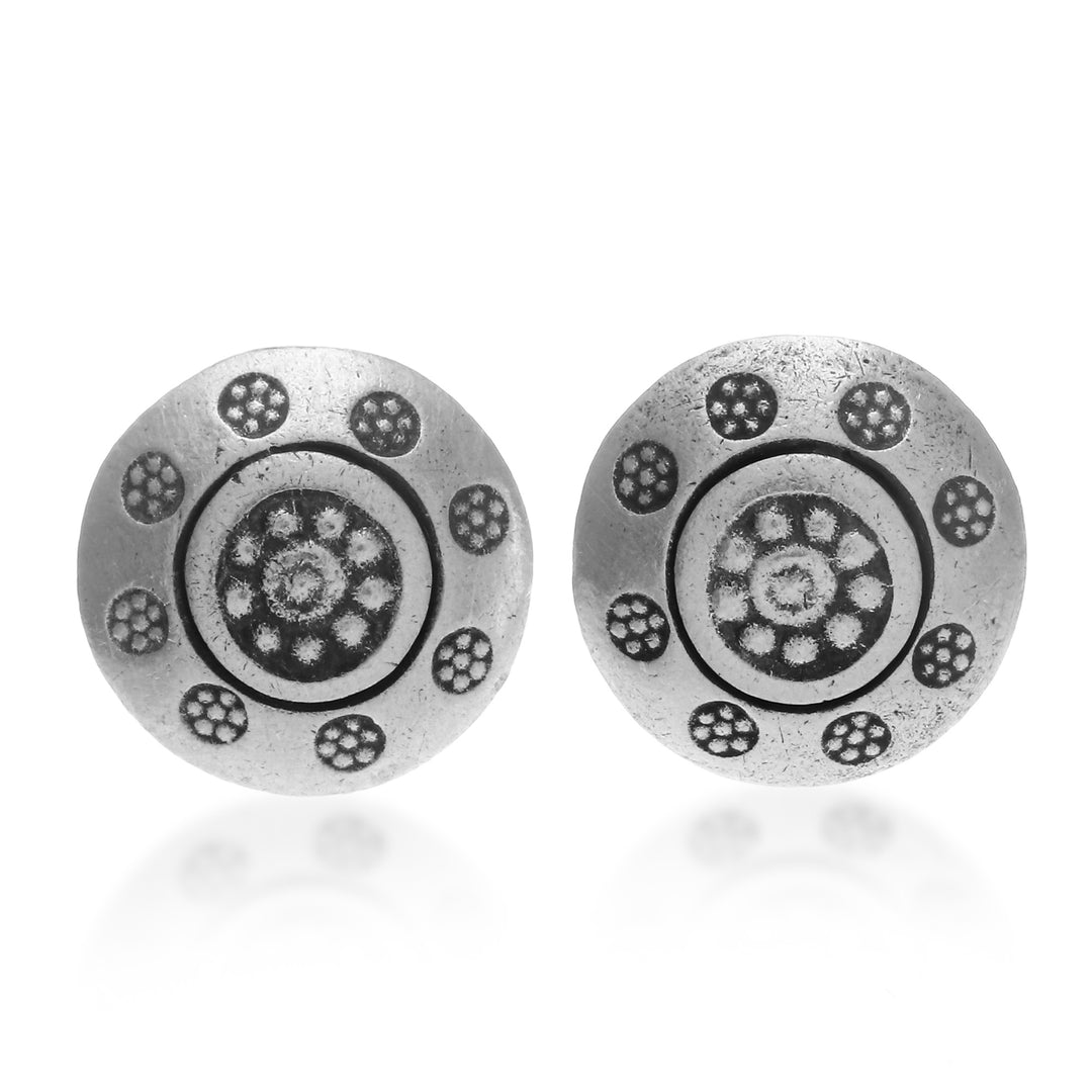 Silver Button Earrings with Hill Tribe Floral Patterns - Floral Stamps
