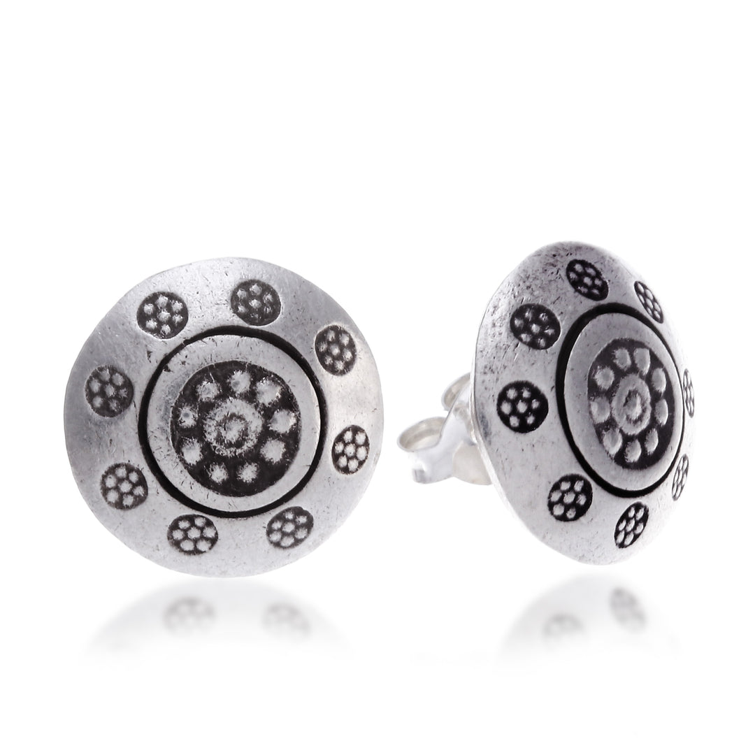 Silver Button Earrings with Hill Tribe Floral Patterns - Floral Stamps