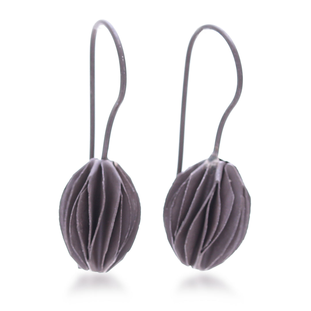 Darkened Modern Textured Silver Floral Bud Drop Earrings - Precious Flower Bud