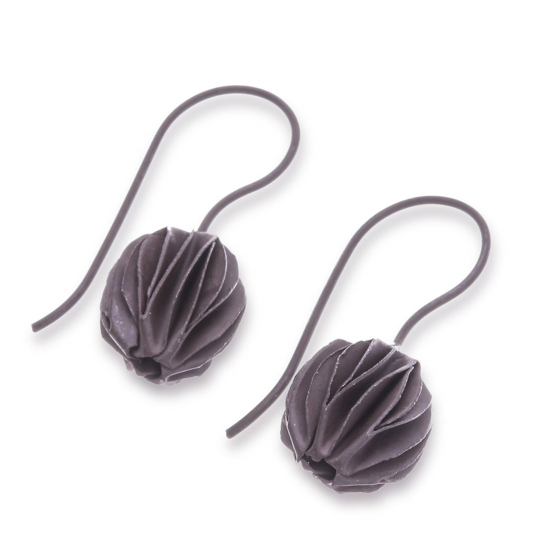 Darkened Modern Textured Silver Floral Bud Drop Earrings - Precious Flower Bud