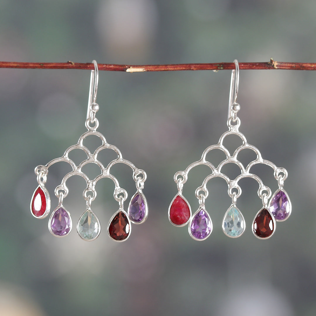 Jali-Inspired Multi-Gemstone Silver Chandelier Earrings - Vibrant Teardrops
