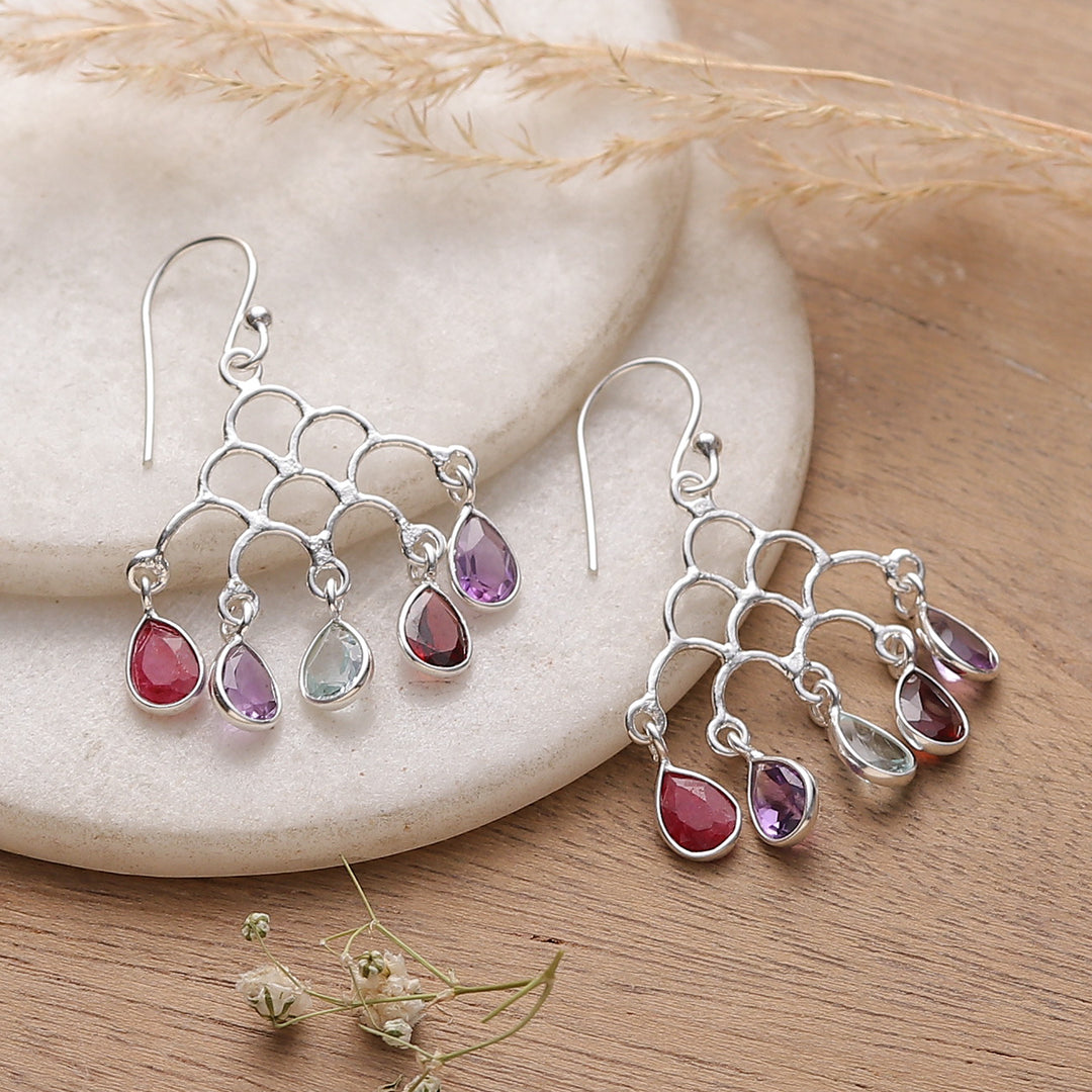 Jali-Inspired Multi-Gemstone Silver Chandelier Earrings - Vibrant Teardrops