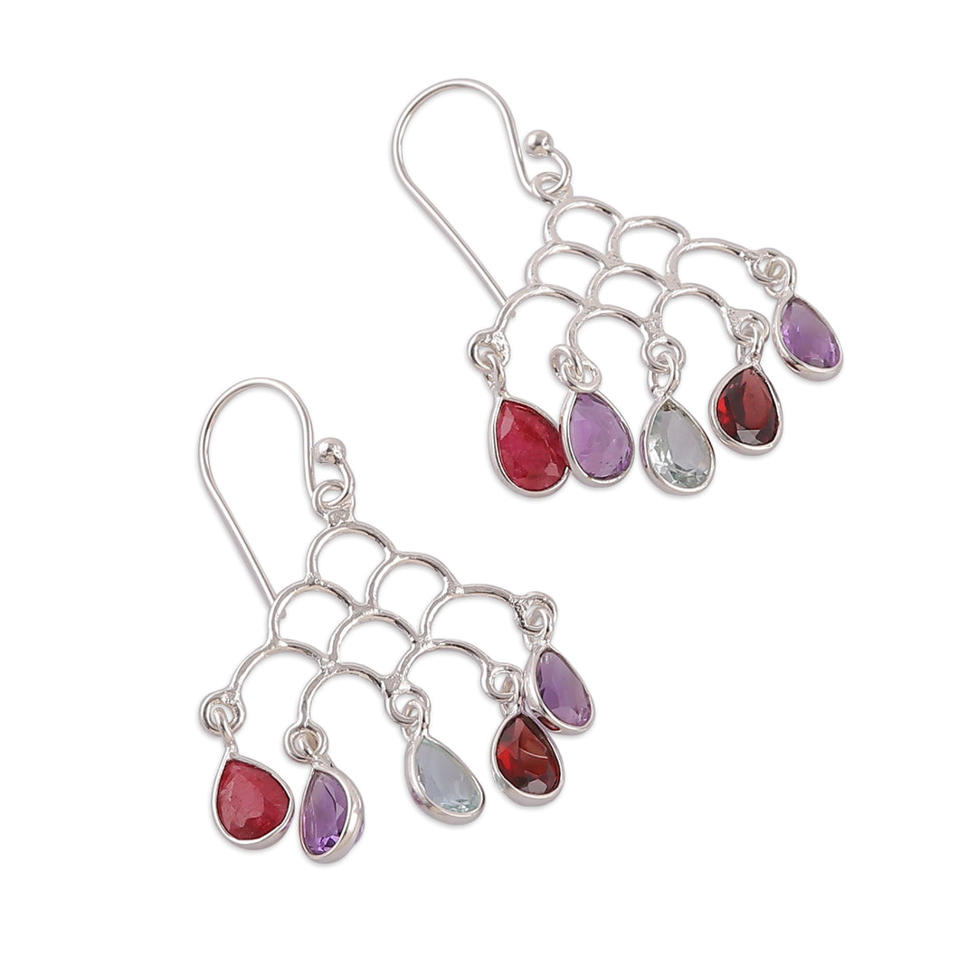 Jali-Inspired Multi-Gemstone Silver Chandelier Earrings - Vibrant Teardrops
