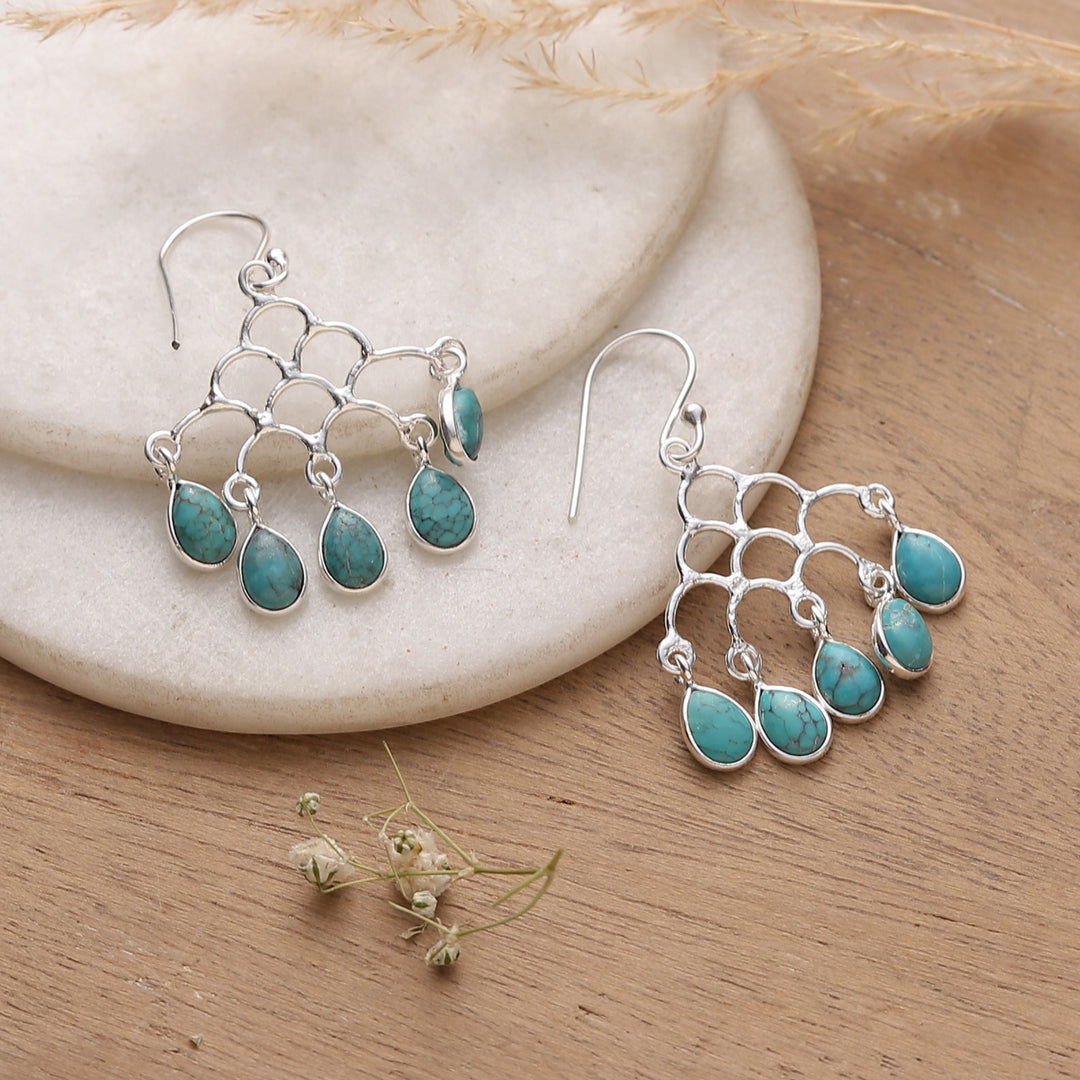 Silver Chandelier Earrings with Reconstituted Turquoise Gems - Graceful Teardrops