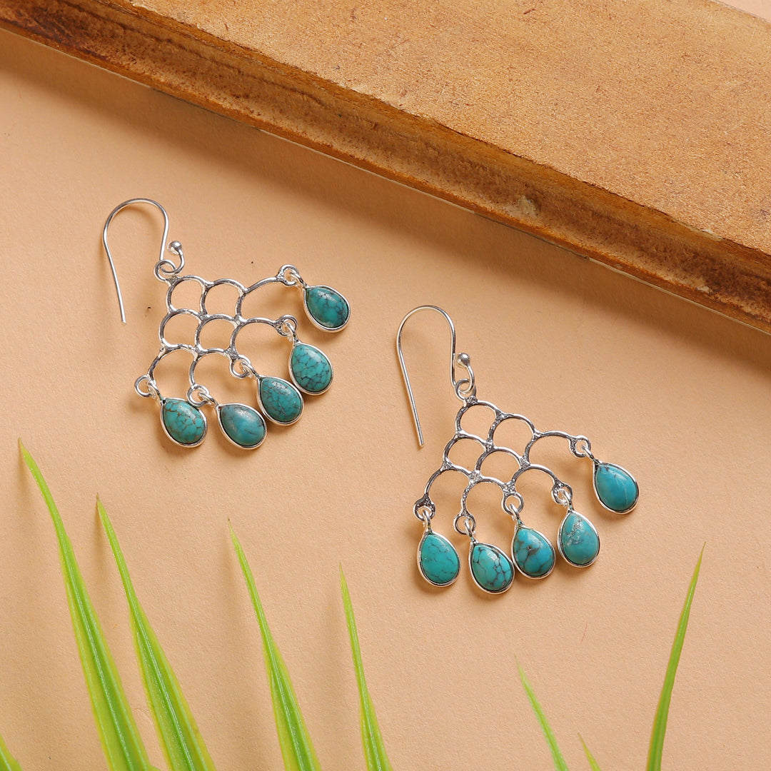 Silver Chandelier Earrings with Reconstituted Turquoise Gems - Graceful Teardrops