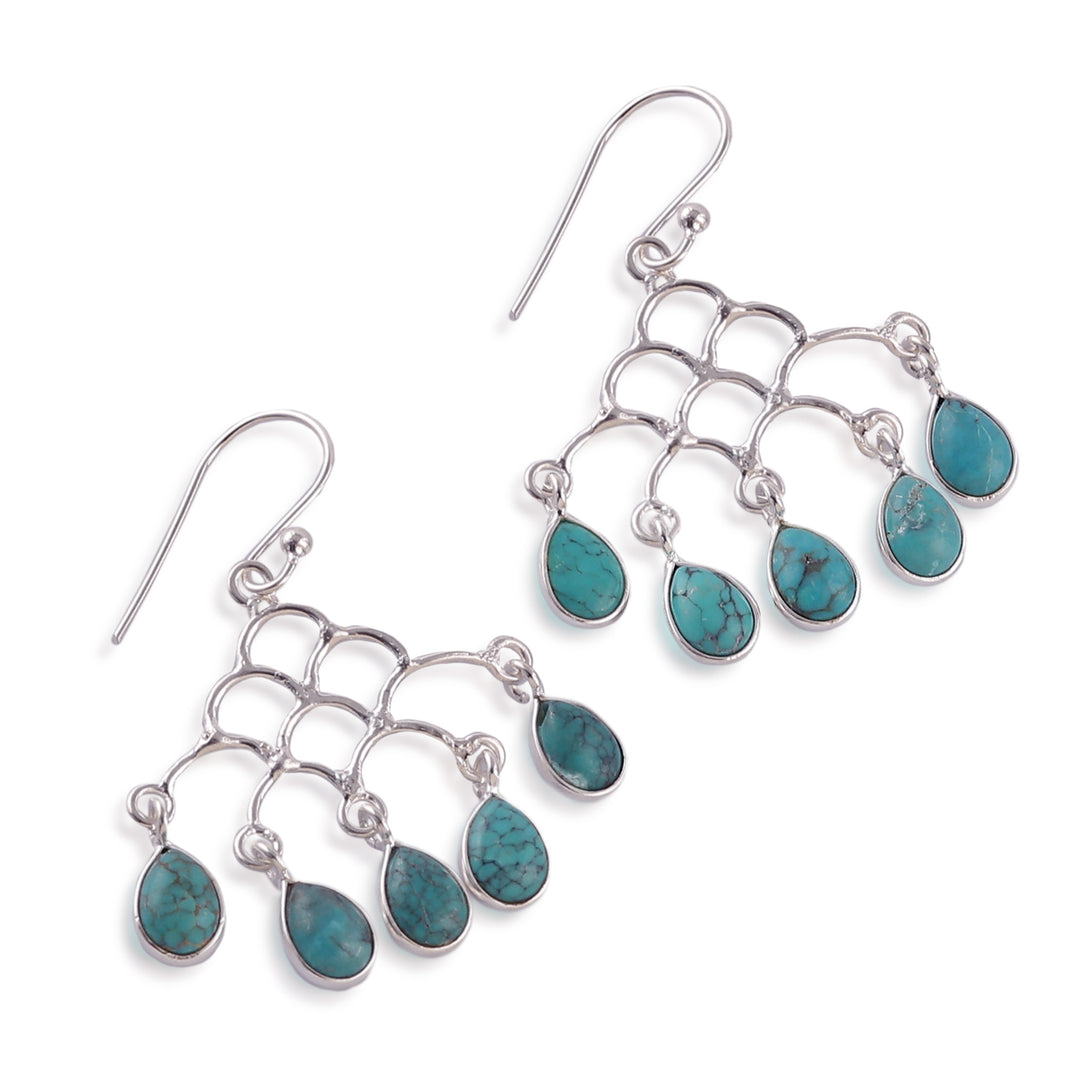 Silver Chandelier Earrings with Reconstituted Turquoise Gems - Graceful Teardrops