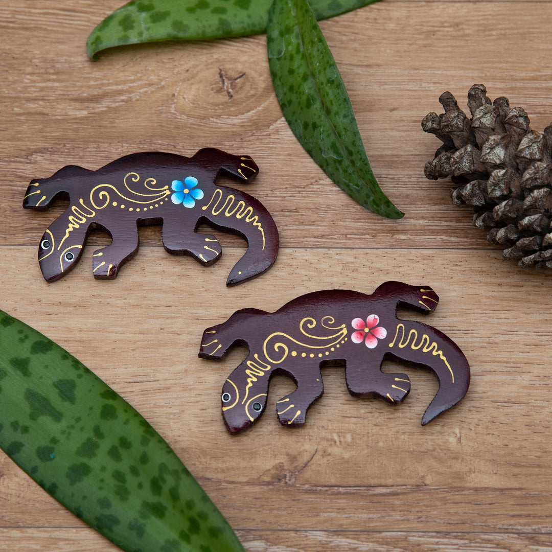 Set of 2 Hand-Painted Floral Lizard-Shaped Wood Magnets - Paradisial Lizards