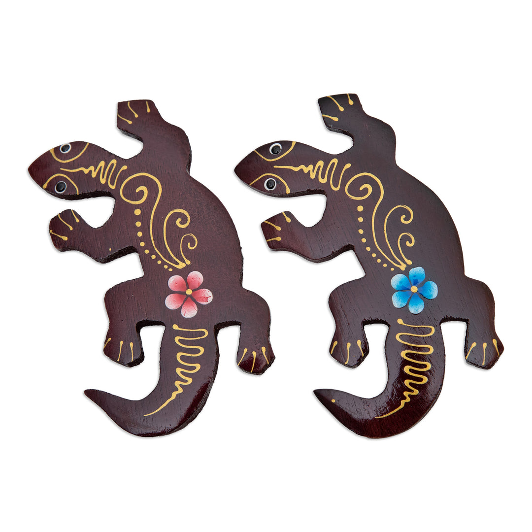 Set of 2 Hand-Painted Floral Lizard-Shaped Wood Magnets - Paradisial Lizards