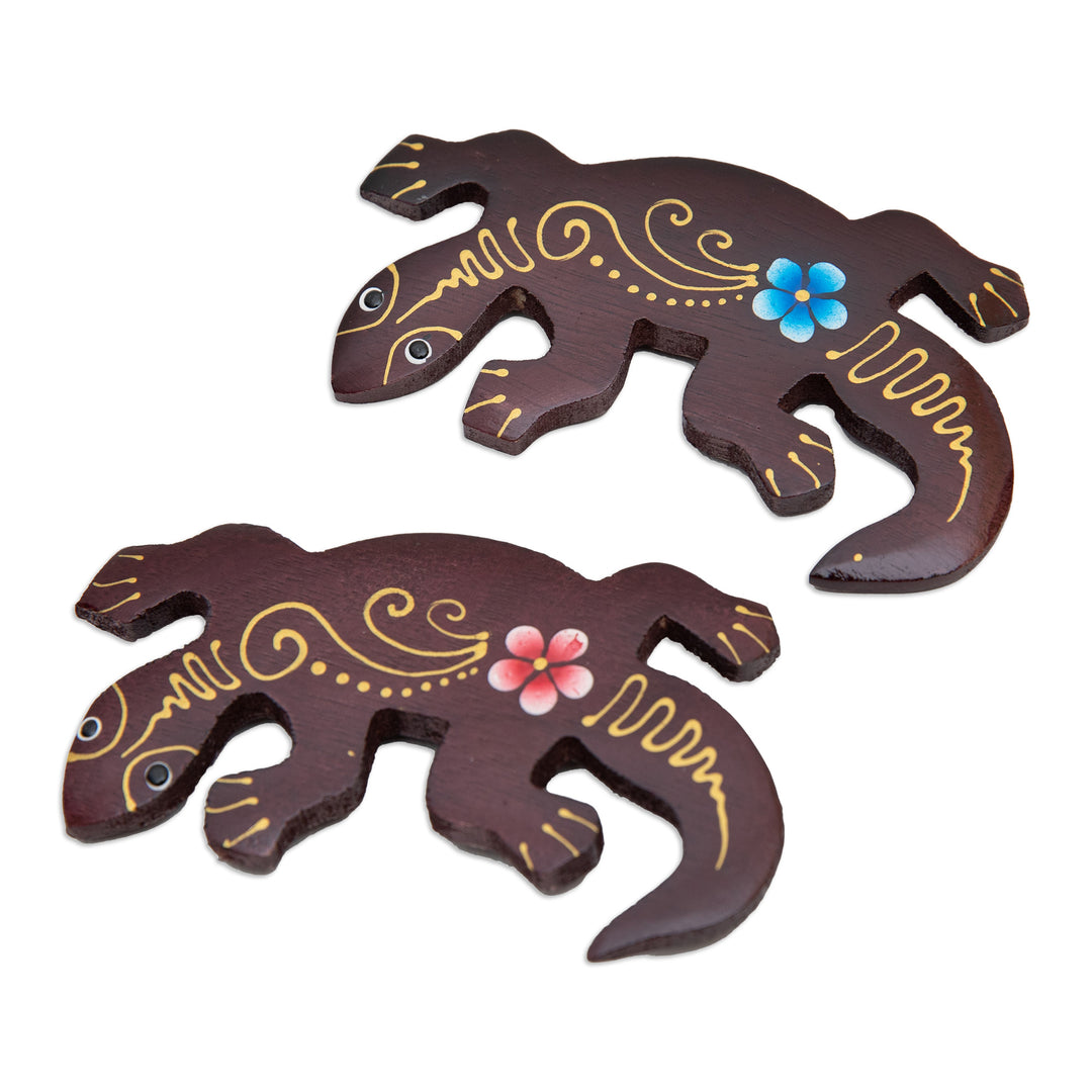 Set of 2 Hand-Painted Floral Lizard-Shaped Wood Magnets - Paradisial Lizards