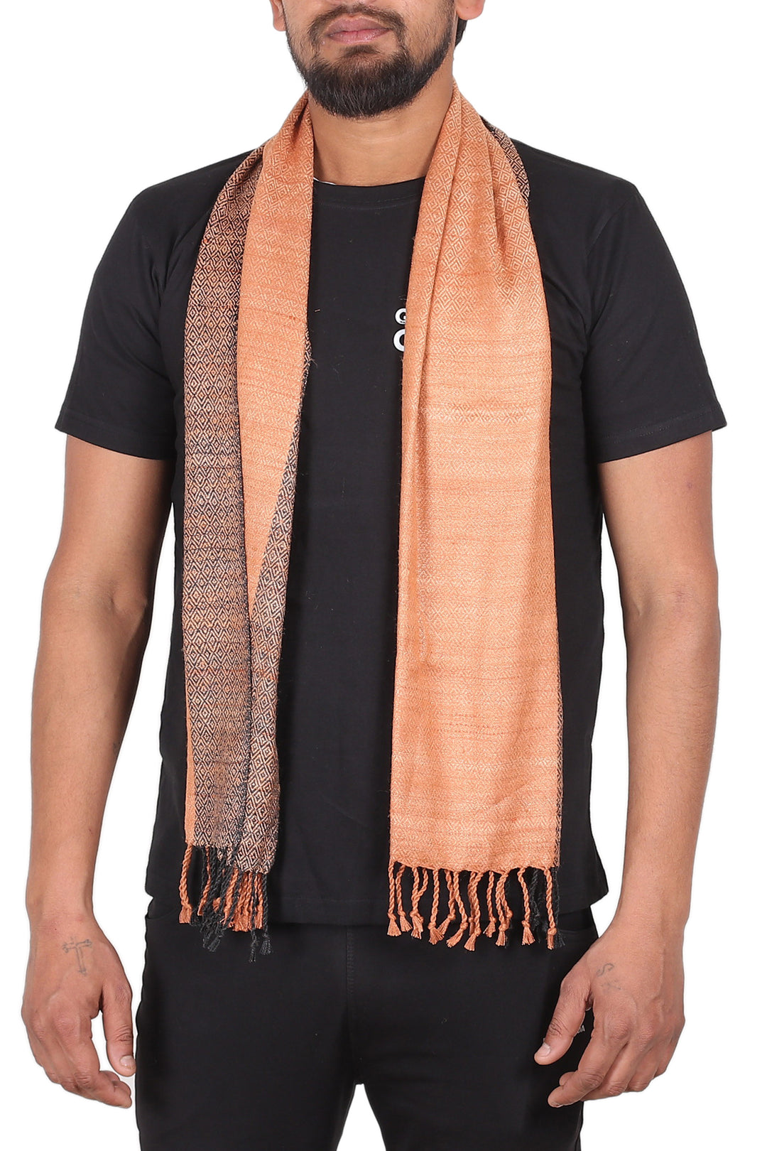 Orange Black Handwoven Men's Silk Scarf with Diamond Pattern - Luxurious Orange