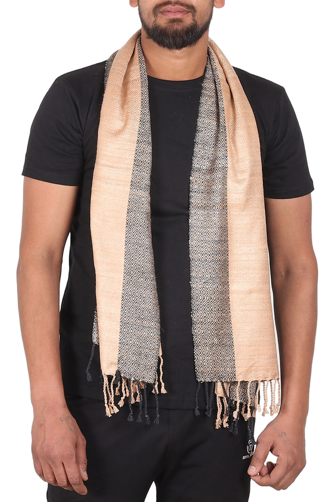 Beige Black Textured Hand-Woven Men's Silk Scarf with Fringe - Luxurious Beige