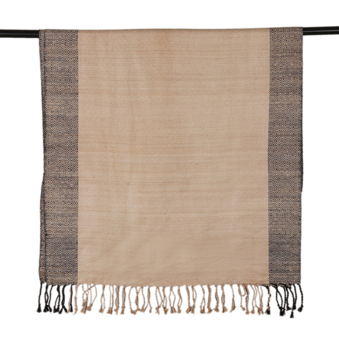 Beige Black Textured Hand-Woven Men's Silk Scarf with Fringe - Luxurious Beige