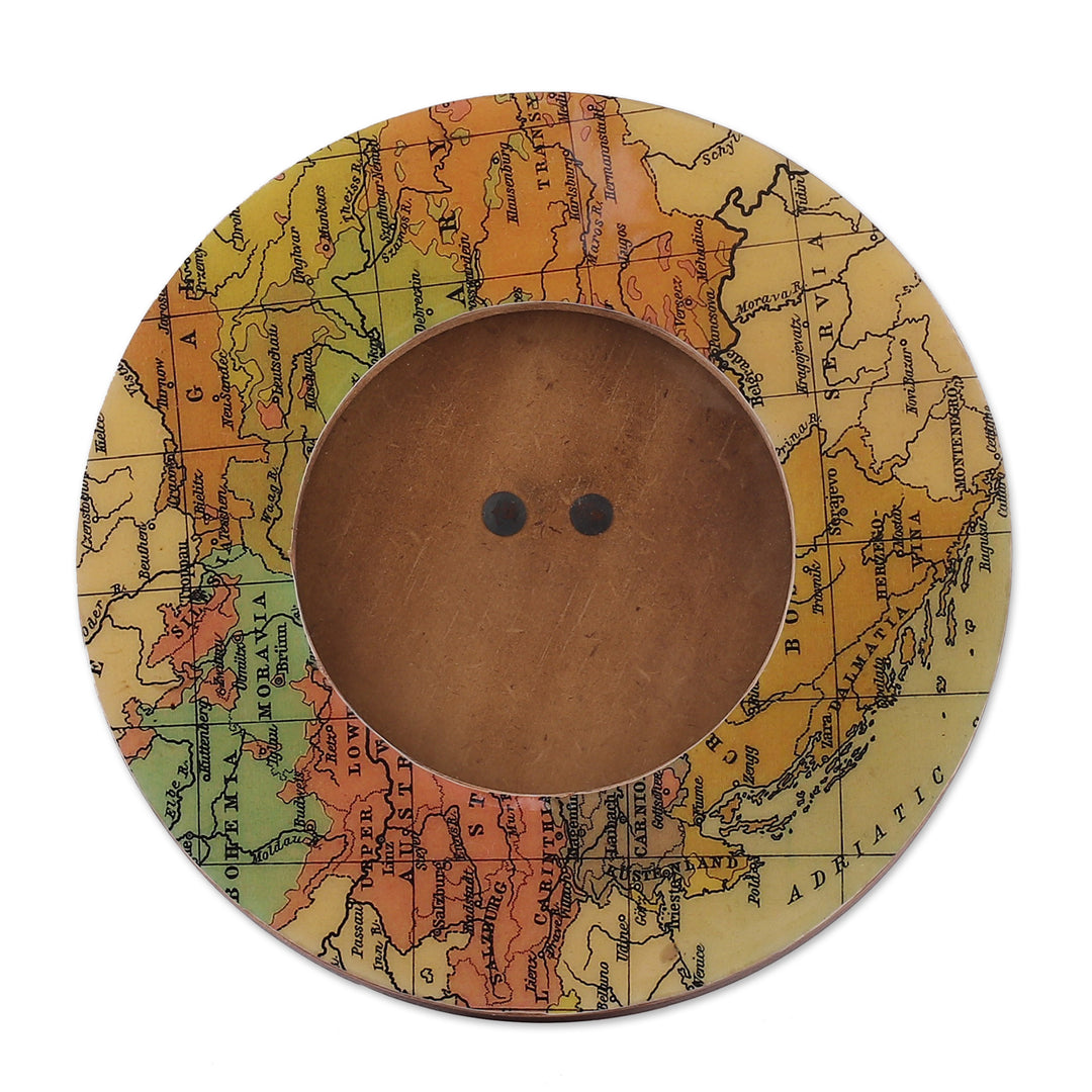 Cartography-Themed Laminated Wood 4-Inch Round Photo Frame - Delightful Cartography