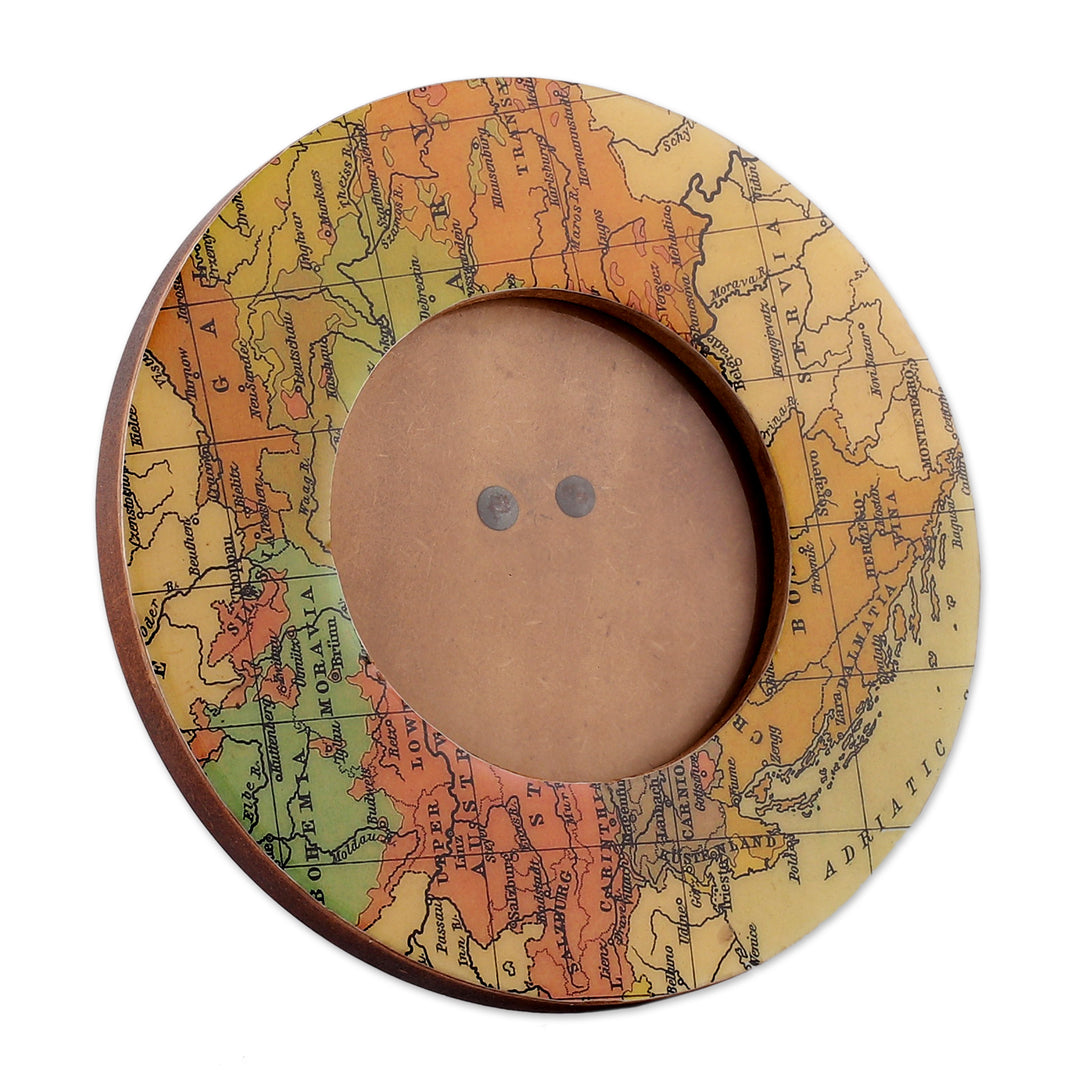 Cartography-Themed Laminated Wood 4-Inch Round Photo Frame - Delightful Cartography