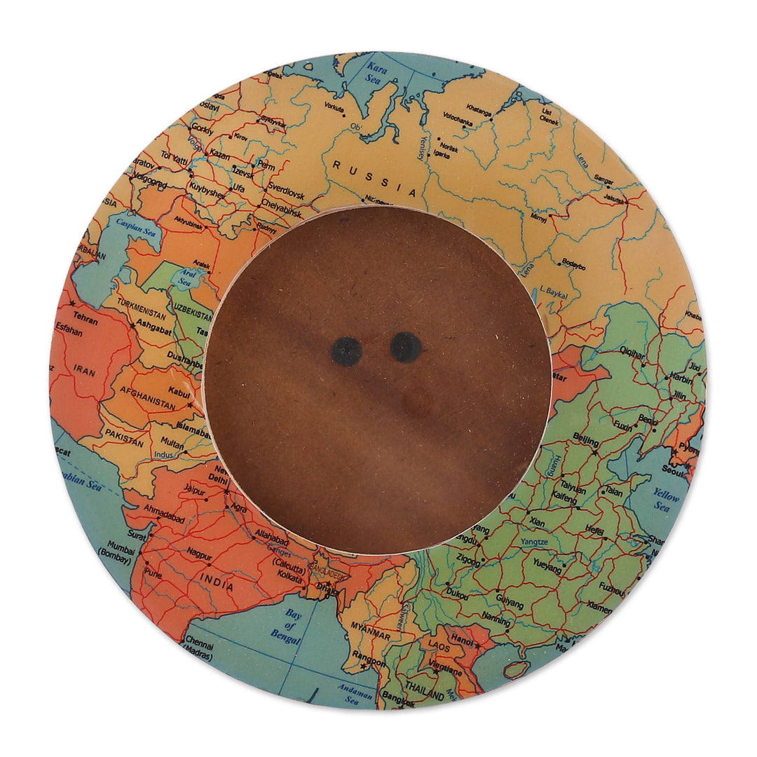 Laminated Wood 4-Inch Round Photo Frame with Map Motif - Colorful Cartography